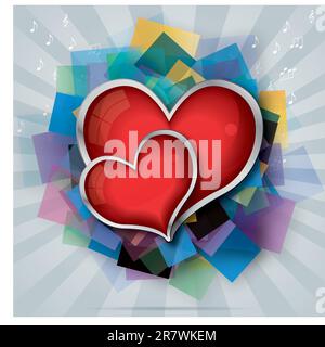 valentine's card with two red glass hearts on transparent squares Stock Vector