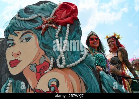 People dressed in costumes march in the 41st Annual Mermaid Parade in Coney Island on June 17, 2023 in New York City. Stock Photo