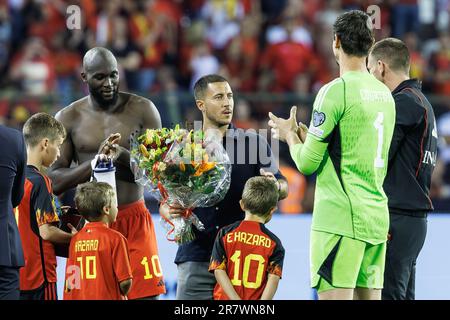 Solna, Sweden. 17th June, 2023. Belgium's Romelu Lukaku, Belgium's Eden Hazard and Belgium's goalkeeper Thibaut Courtois pictured after a soccer game between Belgian national team Red Devils and Austria, Saturday 17 June 2023 in Brussels, the second (out of 8) qualification match for the Euro 2024 European Championships. BELGA PHOTO KURT DESPLENTER Credit: Belga News Agency/Alamy Live News Stock Photo