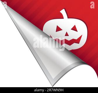 Halloween pumpkin or jack o lantern icon on vector peeled corner tab suitable for use in print, on websites, or in advertising materials. Stock Vector