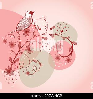Bird sitting on the flower branch, hand drawn vector illustration Stock Vector