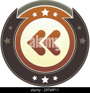 Reverse, rewind, or back media player icon on round red and brown imperial vector button with star accents Stock Vector