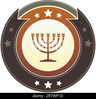 Jewish menorah icon on round red and brown imperial vector button with star accents suitable for use on website, in print and promotional materials... Stock Vector