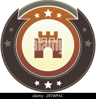 Castle, safety, security icon on round red and brown imperial vector button with star accents suitable for use on website, in print and promotional... Stock Vector