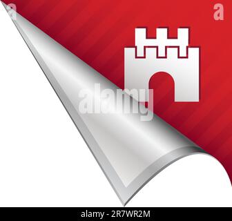 Castle icon on vector peeled corner tab suitable for use in print, on websites, or in advertising materials. Stock Vector