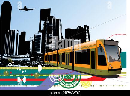 Abstract urban hi-tech background with tram on city background. Vector illustration Stock Vector