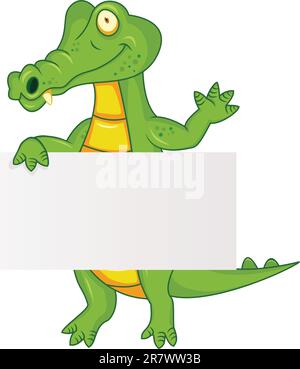 Vector illustration of funny crocodile with blank sign Stock Vector