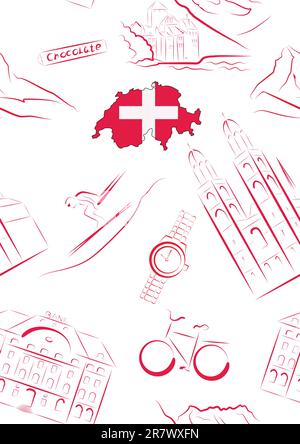 Set of vector drawn stylized sights and symbols of Switzerland. Seamless. Stock Vector