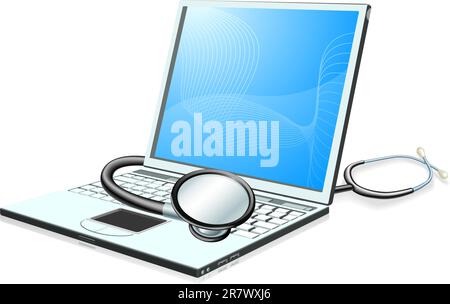 A laptop pc computer with stethoscope wrapped round it. Health check concept. Stock Vector