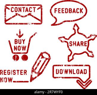 Simple red vector contact, feedback, share, buy, download, register stamps Stock Vector