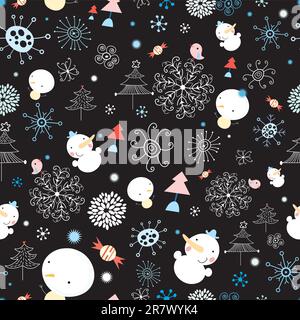 seamless pattern of snowflakes and snowmen on a black background Stock Vector