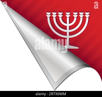 Jewish menorah icon on vector peeled corner tab suitable for use in print, on websites, or in advertising materials. Stock Vector