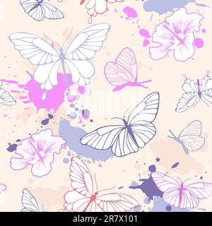 grunge seamless pattern with butterflies and blots Stock Vector
