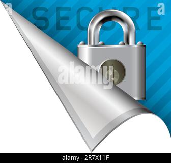 Secure or lock icon on vector peeled corner tab suitable for use in print, on websites, or in advertising materials. Stock Vector