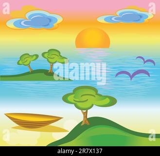 Landscape with sunset and a boat in the foreground (Adobe illustrator, EPS) Stock Vector
