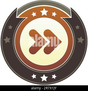 Forward, next, or skip media player icon on round red and brown imperial vector button with star accents Stock Vector