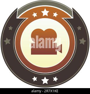 Movie or film projector icon on round red and brown imperial vector button with star accents suitable for use on website, in print and promotional ... Stock Vector