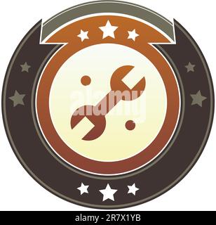 Wrench, settings, or repair icon on round red and brown imperial vector button with star accents Stock Vector