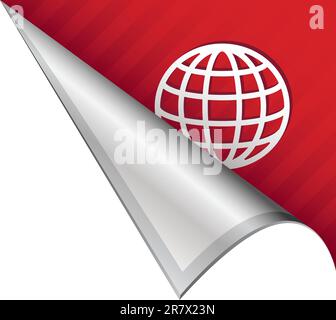Globe or international icon on vector peeled corner tab suitable for use in print, on websites, or in advertising materials. Stock Vector