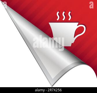 Coffee cup icon on vector peeled corner tab suitable for use in print, on websites, or in advertising materials. Stock Vector