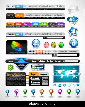 Premium Collection of modern style web headers, forms, icons, world map, glossy design elements and buttons Stock Vector