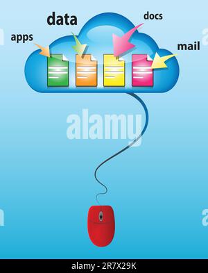 Cloud computing concept with glossy cloud, computer mouse and different type of docs. Vector illustration Stock Vector