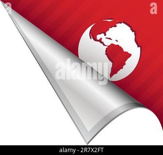 Globe icon on vector peeled corner tab suitable for use in print, on websites, or in advertising materials. Stock Vector