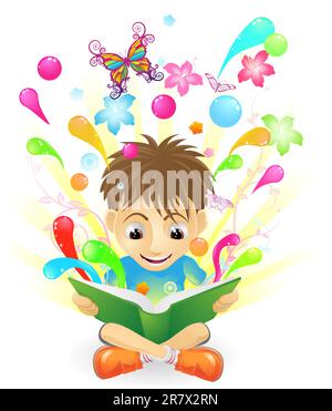 A boy reading an amazing book. Stock Vector