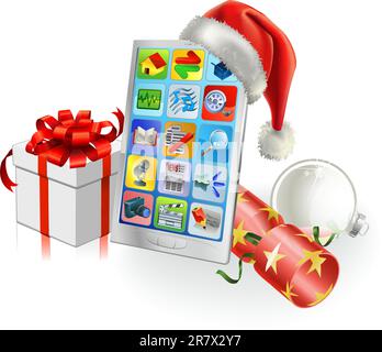 Christmas mobile phone with Santa hat, gift, cracker and bauble Stock Vector