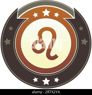 Leo zodiac astrology icon on round red and brown imperial vector button with star accents suitable for use on website, in print and promotional mat... Stock Vector