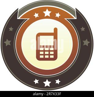 Cell phone or mobile contact icon on round red and brown imperial vector button with star accents suitable for use on website, in print and promoti... Stock Vector