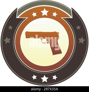 Gun, crime, or violence icon on round red and brown imperial vector button with star accents Stock Vector