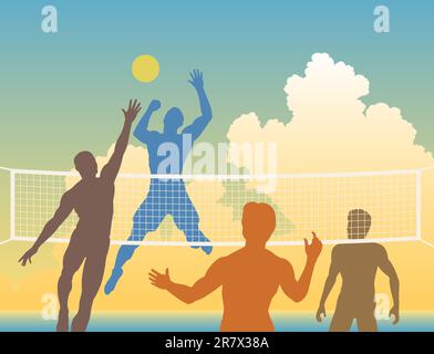 Editable vector colorful silhouettes of four men playing beach volleyball Stock Vector