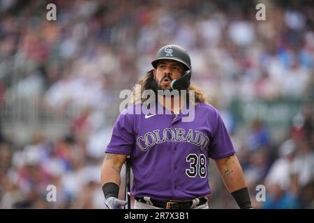 Colorado Rockies catcher Jorge Alfaro warms up for the team's baseball game  against the Los Angeles Angels Saturday, June 24, 2023, in Denver. (AP  Photo/David Zalubowski Stock Photo - Alamy