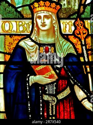 Queen Bertha of Kent, stained glass window, by J. Powell & Son, 1900, Blakeney church, Norfolk, England Stock Photo