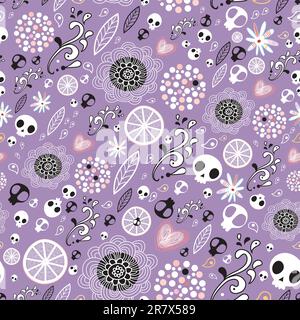 seamless abstract pattern with skulls and flowers on purple background Stock Vector