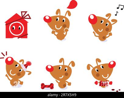 Little brown christmas dog collection. Vector cartoon Illustration. Stock Vector