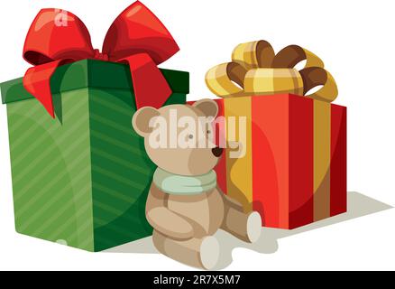 Two boxes of presents with a teddy bear sitting nearby Stock Vector