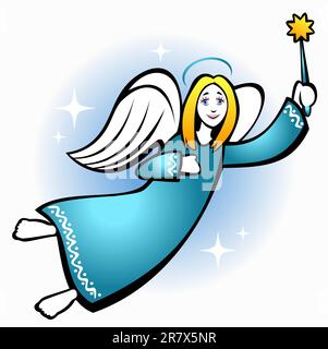 Stylized flying Christmas angel with star on a blue background. Stock Vector