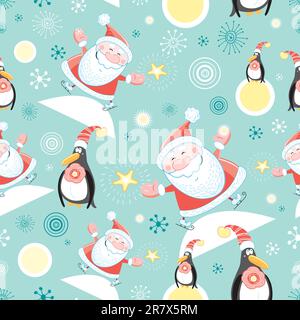 striking pattern of Santa and Penguins on a green background with snowflakes and sun Stock Vector