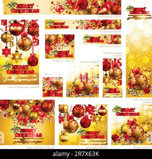 Collection of Christmas banners with baubles and place for text. Vector illustrations Stock Vector