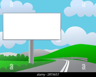 Advertising billboard on country road. Sunny day, green hills and blue sky. Stock Vector