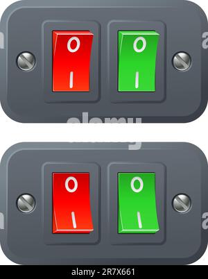 Illustration of red and green switches in on and off positions Stock Vector