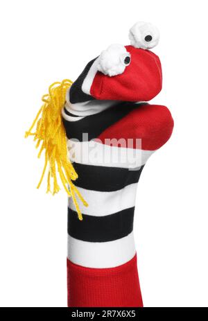 Funny sock puppet with hair isolated on white Stock Photo