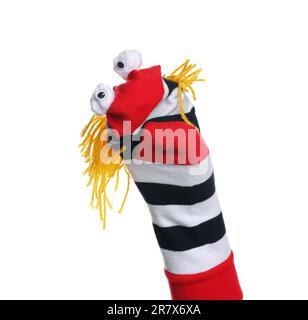 Funny sock puppet with hair isolated on white Stock Photo