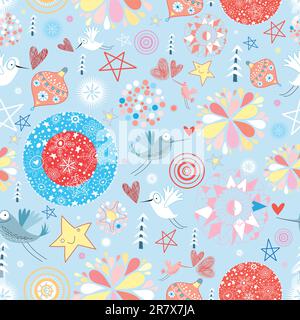 seamless pattern of Christmas balls and birds on a blue background with different elements Stock Vector