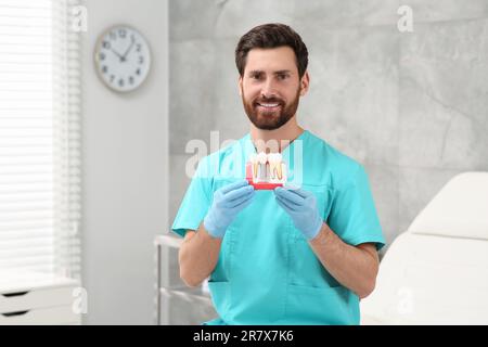 Dentist holding educational model of dental implant in clinic Stock Photo