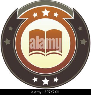 Book, literacy, or literary icon on round red and brown imperial vector button with star accents suitable for use on website, in print and promotio... Stock Vector