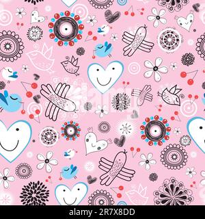 Seamless pattern with cheerful birds and hearts on a pink background Stock Vector