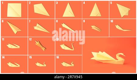 Origami art. Making paper swan step by step, photo collage on coral background Stock Photo